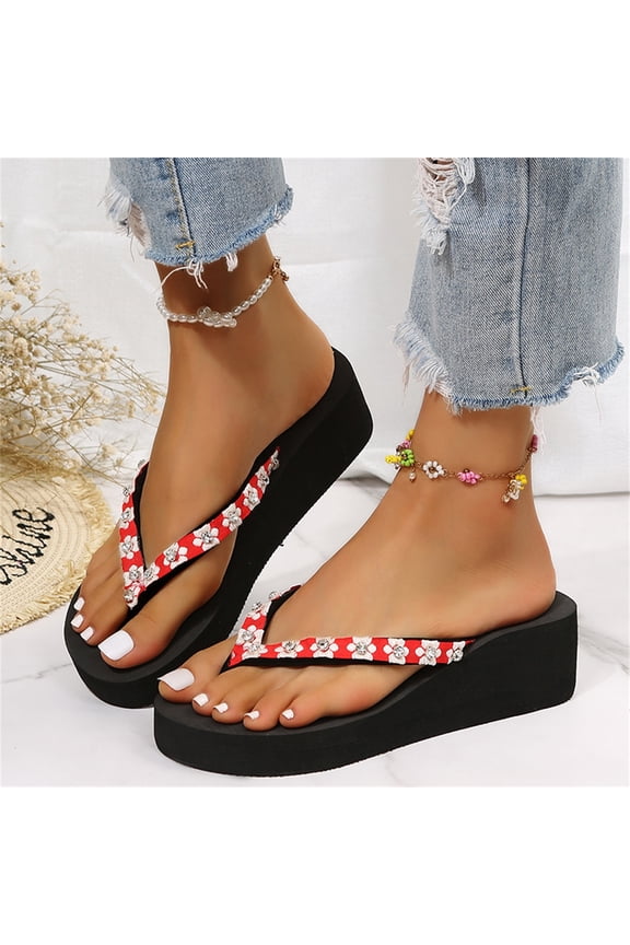 House Slippers for Women Ladies Fashion Rhinestone Flower Flock Flip Flop Wedge Platform Slippers,Red 7.5