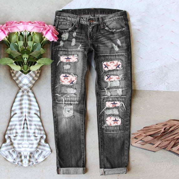 Aayomet Jean Bell Bottom Pants for Women High Waist Womens Jeans Independence Day Print Ripped Pants,Black XL