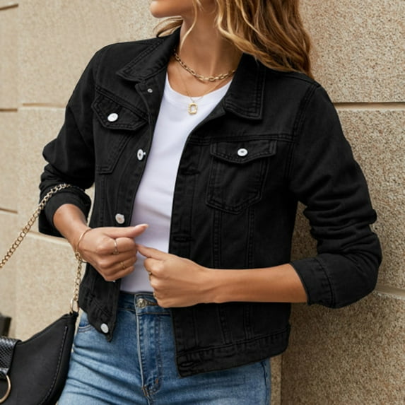 Aayomet Jean Jacket for Women Button Down Denim Cotton Jacket With Pockets Denim Jacket Coat (Black, XL)
