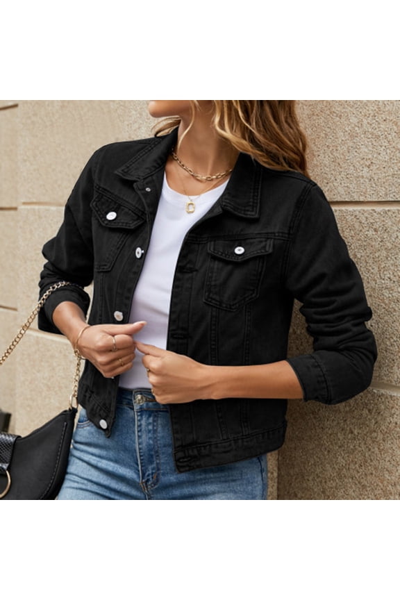 Jean Jacket for Women Button Down Denim Cotton Jacket With Pockets Denim Jacket Coat (Black, XXL)