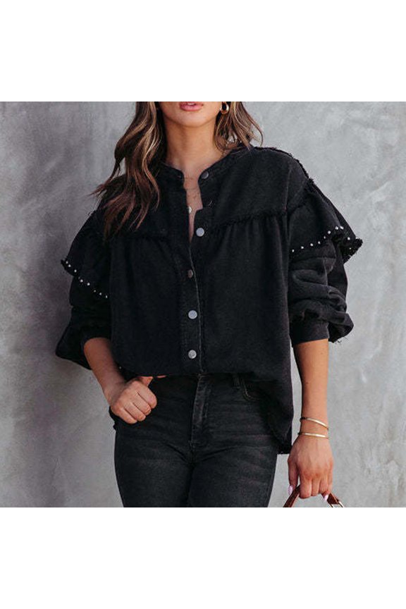 Jean Jackets for Women Style Stud Sleeve Denim Jacket With Washed Edges And Ruffle Sleeves Loose Fit Coat (Black, M)