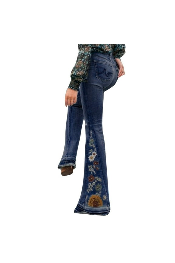 Jean Pants for Women Ripped Women Bottom Floral Embroidered Bootcut Denim Bell Jeans,A 3XL