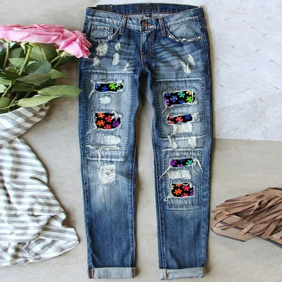 Aayomet Jean Pants for Women Tall Womens Denim Trousers Straight Leg Pants Ripped Print Mid Waist Straight Leg Jeans For Women,Blue L