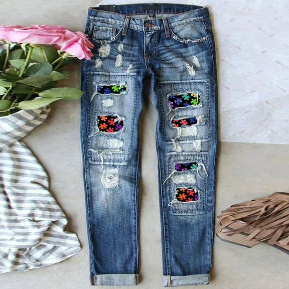 Aayomet Jean Pants for Women Tall Womens Denim Trousers Straight Leg Pants Ripped Print Mid Waist Straight Leg Jeans For Women,Blue L