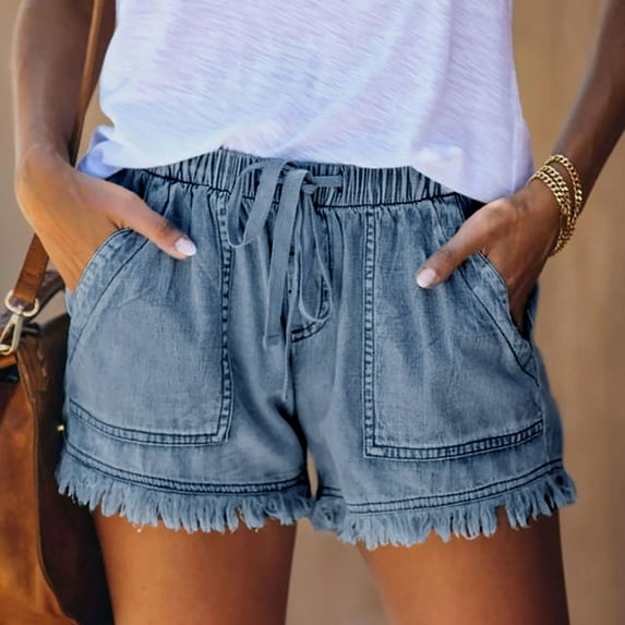 Aayomet Jean Shorts For Women Jean Shorts for Women Summer High Waisted Stretchy Frayed Raw Hem Tassels Denim Shorts Blue,XXL