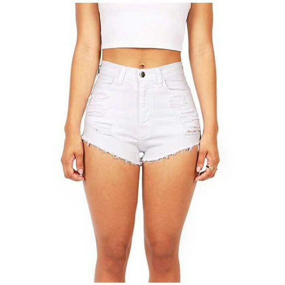 Aayomet Jean Shorts For Women Womens Ripped Denim Jean Shorts Casual Mid Rise Folded Hem Jeans Shorts with Pocket White,L