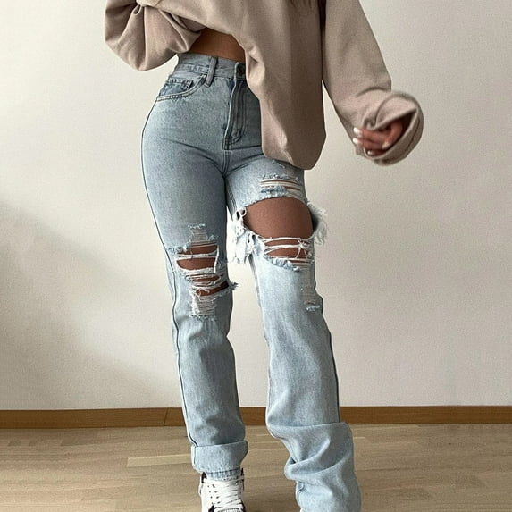 Aayomet Jeans For Women High Waist Women's Stretch Pull-On Skinny Ripped Distressed Denim Jeggings Regular,Blue M