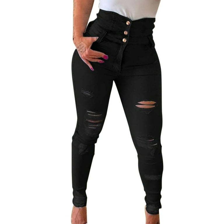 Casual Solid Patchwork Buttons High Waist Skinny Denim Jeans Casual Solid Patchwork Buttons High Waist Skinny Denim Jeans