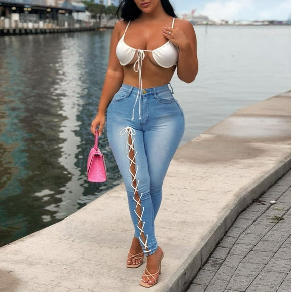 Aayomet Jeans For Women Stretch Women's Ripped High Waisted Skinny Jeans Button Fly Distressed Stretchy Denim Pants,Blue XL