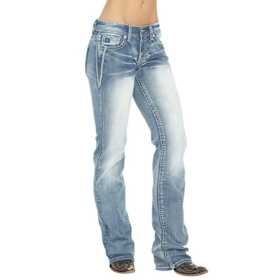 Aayomet Jeans for Women Trendy Slim Large Pocket Flag Print Independence Day Denim Pants (Light Blue, M)