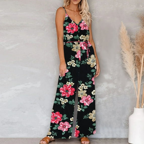 Aayomet Jumpsuit For Women Womens Casual Sleeveless Strap Loose Jumpsuits Long Pants Romper,Black L