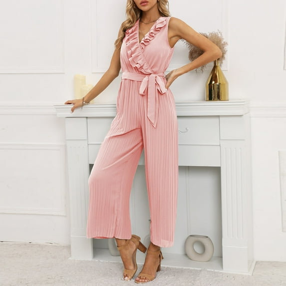 Aayomet Jumpsuits For Women 2023 Summer Womens Casual High Waist Sleeveless V Neck Slim Jumpsuit,Red XL