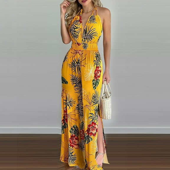 Aayomet Jumpsuits For Women Casual Backless Print Fashion Leg Jumpsuit Women Halter Floral Slit Women's Jumpsuit,Yellow XL