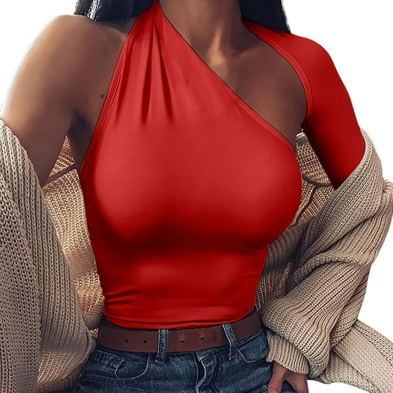 Aayomet Jumpsuits For Women Dressy Women Solid Color Backless Halter Neck Asymmetric Unilateral Long Sleeve Bodysuit,Red S