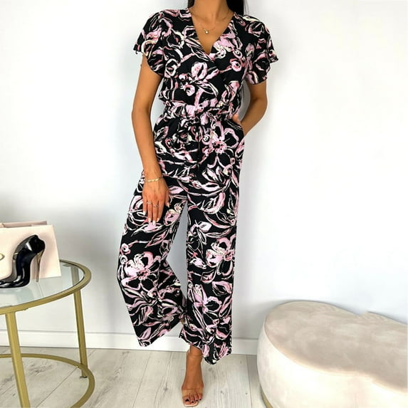 Aayomet Jumpsuits For Women Women Summer Short Sleeve V Neck Buttons Waist Belt Straight Wide Leg Cropped Jumpsuits Rompers,Black L