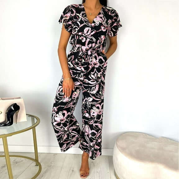 Aayomet Jumpsuits For Women Women Summer Short Sleeve V Neck Buttons Waist Belt Straight Wide Leg Cropped Jumpsuits Rompers,Black S