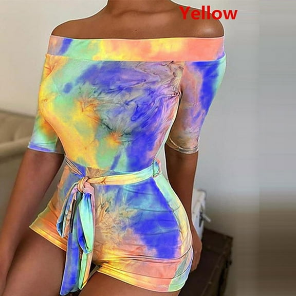 Aayomet Jumpsuits Women Print Casual Fashion Sleeve Shoulder Playsuit Tie-Dye Off Short Women's Jumpsuit,Yellow XXL