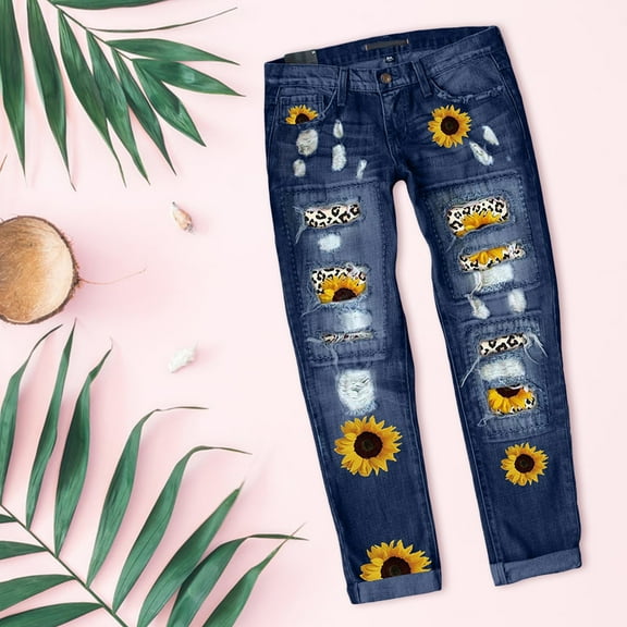 Aayomet Ladies Denim Women'S Jeans Women'S Frayed Sun Flower Leopard Print Mid Waist Ripped Jeans,BU2 S