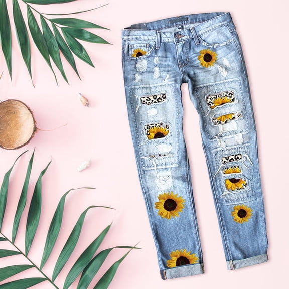 Aayomet Ladies Denim Women'S Jeans Women'S Frayed Sun Flower Leopard Print Mid Waist Ripped Jeans,BU3 L