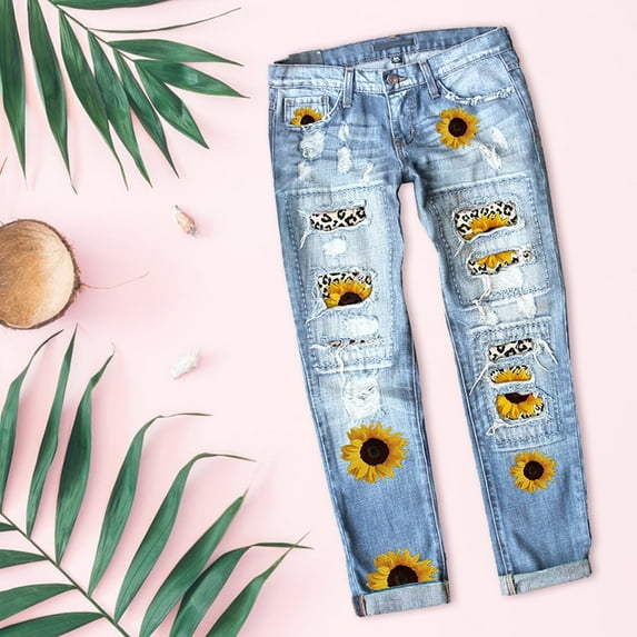 Aayomet Ladies Denim Women'S Jeans Women'S Frayed Sun Flower Leopard Print Mid Waist Ripped Jeans,BU3 S