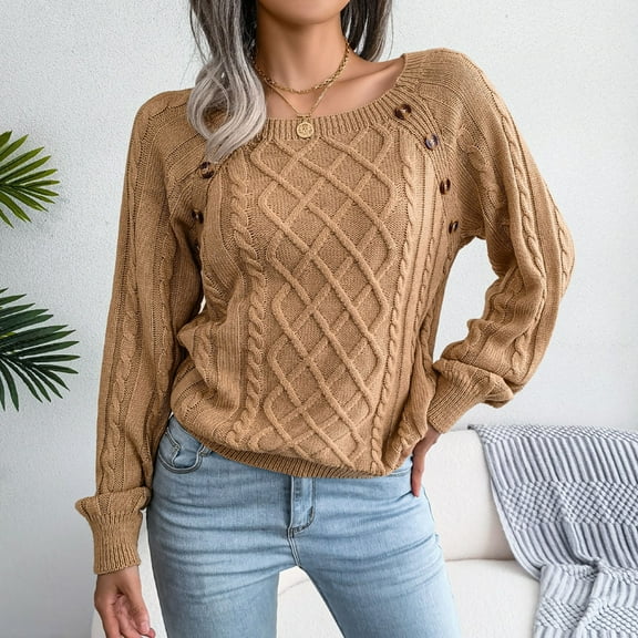 Aayomet Long Cardigan Sweaters for Women Womens 2023 Cute Elegant Soft Crewneck Long Sleeve Hollow Cable Knit Pullover Sweaters,Khaki S