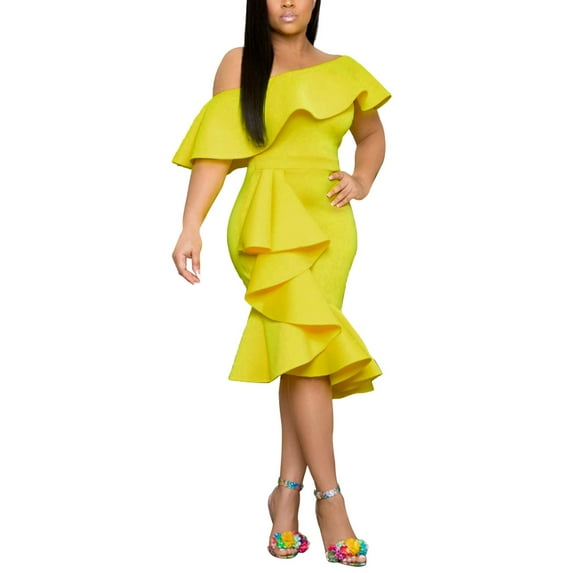 Aayomet Long Dress Women One Shoulder High Split Sleeveless Ruched Maxi Long Dress,Yellow XXL