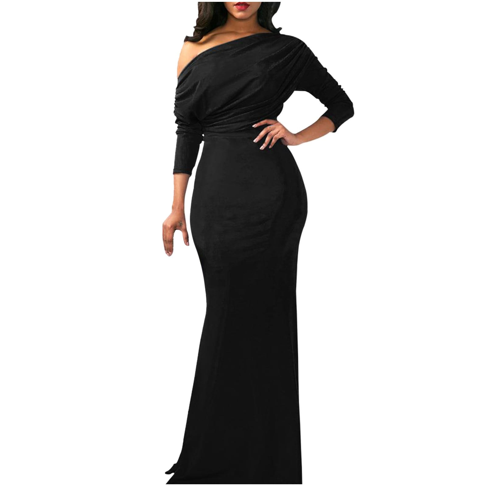 Aayomet Long Dress formal for Women Off Shoulder Bodycon Dresses Long Sleeve  Ruched Slit Glitter Party Evening Maxi Dress,Black M - Walmart.com