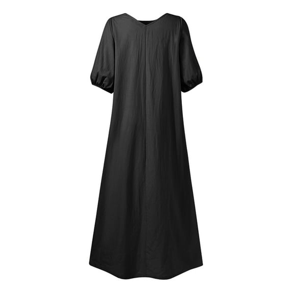 Aayomet Long Dresses For Women Women's Solid Color Round Neck Strapless Mid Sleeve Bubble Sleeve Casual Dress,Black L