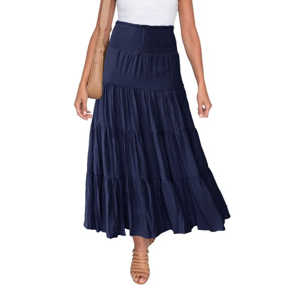 Aayomet Long Skirt Long Plaid Wool Skirt for Womens Winter Fall Warm High Elastic Waist A line Flared Pleated Wool Tartan Skirts,Navy S