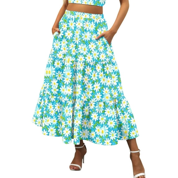 Aayomet Long Skirt Women's Floral Flared Short Skirt Polka Dot Pleated Mini Skater Skirt with Drawstring,Green M