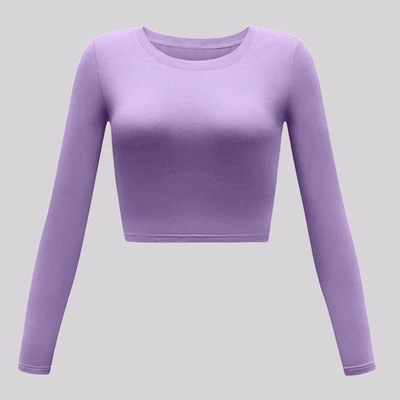 Aayomet Long Sleeve Crop Top Women's T-Shirt, Plus Size Long Sleeve Cotton Tee, Plus Size Scoop-Neck T-Shirt for Women,Purple L