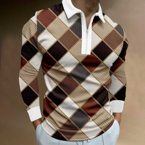 Aayomet Long Sleeve Polo Shirts for Men Plaid Collar T Shirt Turn Down Collar Long Sleeve Tops T Shirt (Coffee, L)