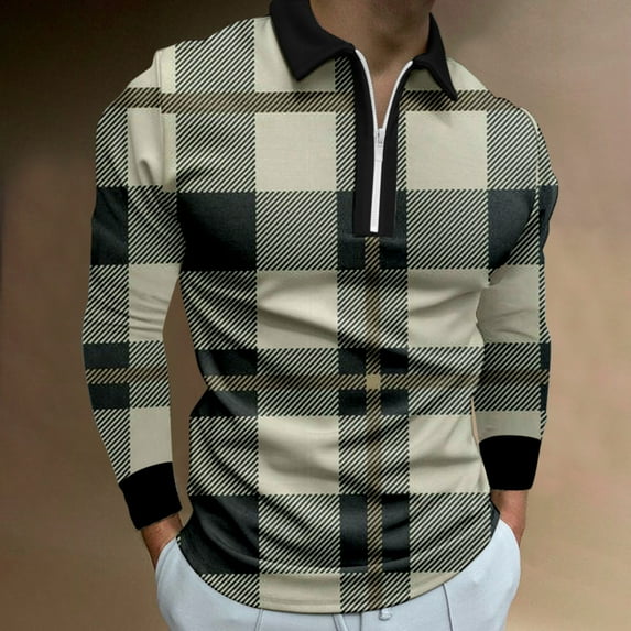 Aayomet Long Sleeve Polo Shirts for Men Plaid Collar T Shirt Turn Down Collar Long Sleeve Tops T Shirt (Khaki, M)