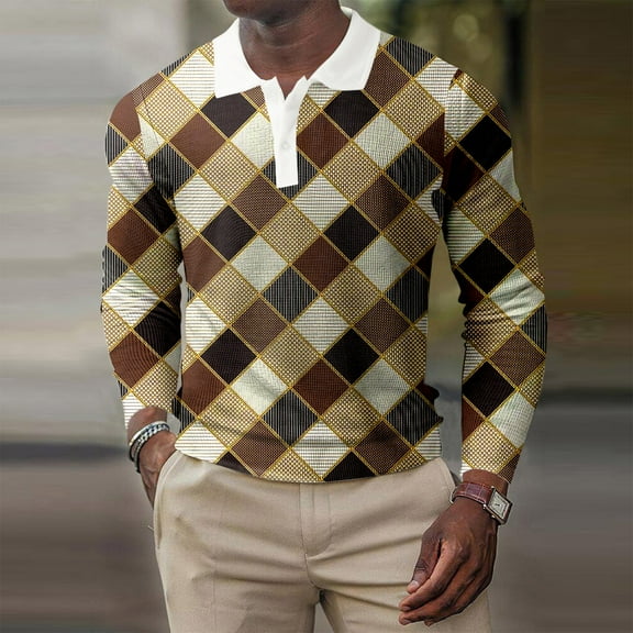 Aayomet Long Sleeve Polo Shirts for Men T Shirt Button Turn Down Collar Long Sleeve Tops T Shirt (Gold, L)