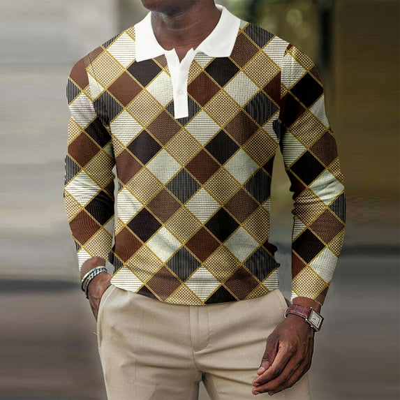 Aayomet Long Sleeve Polo Shirts for Men T Shirt Button Turn Down Collar Long Sleeve Tops T Shirt (Gold, XL)