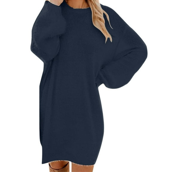 Aayomet Long Sweater Dresses for Women 2023 Women Casual V Neck Knit Mini Sweater Dresses Long Sleeve Loose Fit Solid Color Ribbed Hem Pullover Jumper Sweaters,Dark Blue XL