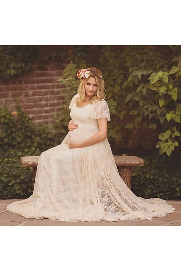 Maternity Summer Clothes Women's Lace Maternity Ruffles Short Sleeved Dress Long Dress Photography Flying Sleeve Dress,White L
