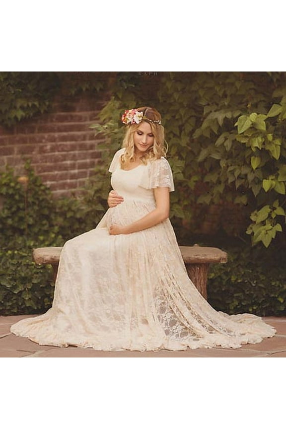 Maternity Summer Clothes Women's Lace Maternity Ruffles Short Sleeved Dress Long Dress Photography Flying Sleeve Dress,White XL
