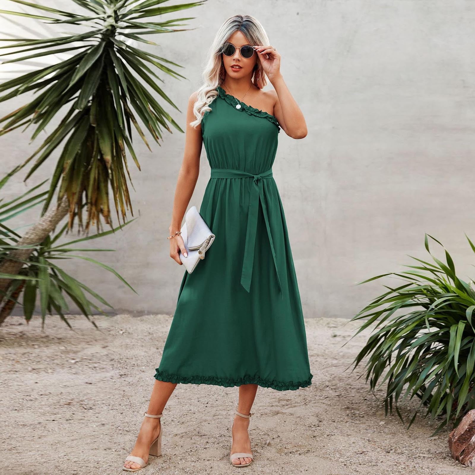 Aayomet Maxi Dress Casual Summer T Shirt Dress for Women V Neck Swing Elastic Tunic Short Sundress Green S Walmart