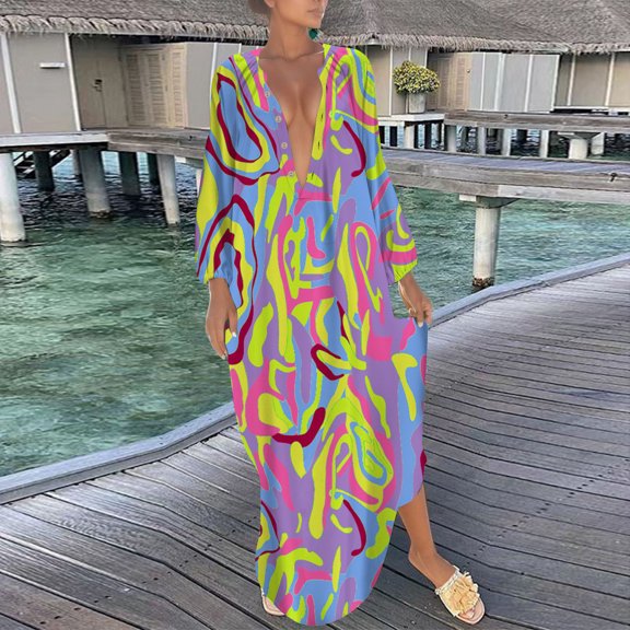 Aayomet Maxi Dresses for Women 2023 Casual Womens Casual V Neck Long Sleeve Floral Print Button Up Midi Dress,Yellow L