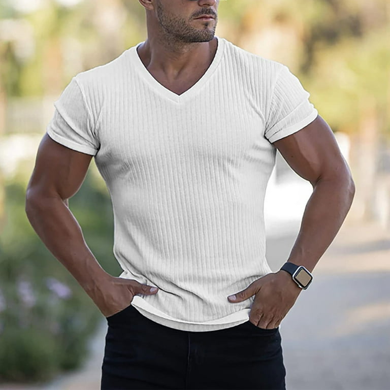 Aayomet Men Ribbed T Shirt Fashion Workout Muscle T Shirts V Neck Solid Tees  Tops for Men White,XL 
