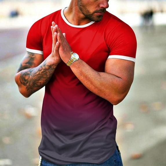 Aayomet Men T Shirts Fashion Mens Spring Summer Casual Sports Colorblock Gradient Round Neck Men T Shirts Graphic Tees Hot Pink,XL