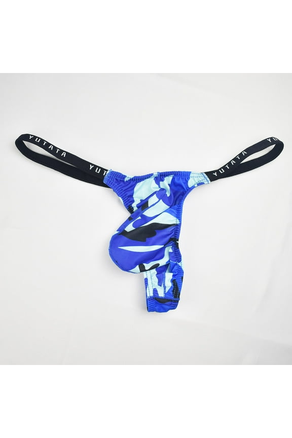 Men's Bikini Brief Men Printed Breathable Camouflage Low Waist Knitted Thong Briefs,Blue Large