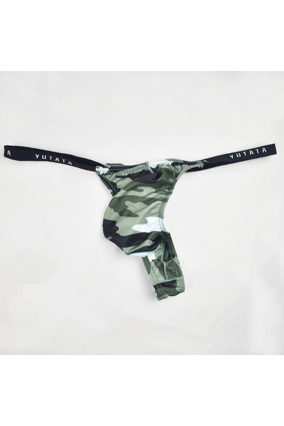 Men's Bikini Brief Men Printed Breathable Camouflage Low Waist Knitted Thong Briefs,Green Medium