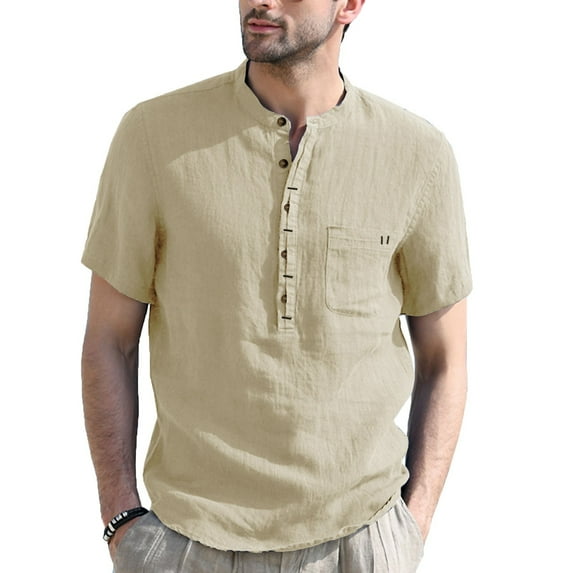 Aayomet Mens Cotton Linen Henley Shirt Men Spring And Summer Solid Top Shirt Casual Cotton Linen Stand Collar Top Khaki,M