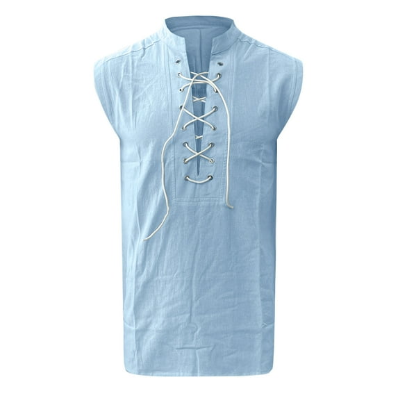Aayomet Mens Cotton Linen Henley Shirt Mens Fashion Casual Solid Color Cotton And Linen Lace Collar Sleeveless Shirt Sky Blue,M
