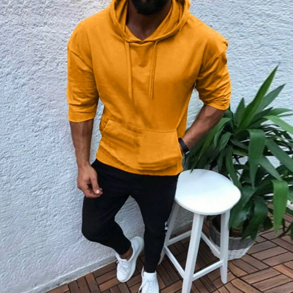 Aayomet Mens Hoodie Sweatshirt Pocket Pullover 3/4 Top Hooded Color Sleeve Lace-up Solid Men's Men's Black Hoodie Men Pullover Tops,S-3XL