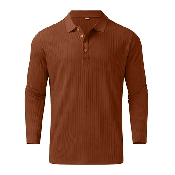 Aayomet Mens Long Sleeve Polo Shirts T Shirt Button Turn Down Collar Long Sleeve Tops T Shirt (Coffee, L)