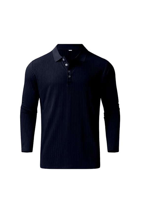 Mens Long Sleeve Polo Shirts T Shirt Button Turn Down Collar Long Sleeve Tops T Shirt (Navy, XL)