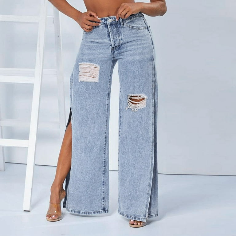 Aayomet Mom Jeans Straight Leg Jeans for Women Ripped Raw Hem Low
